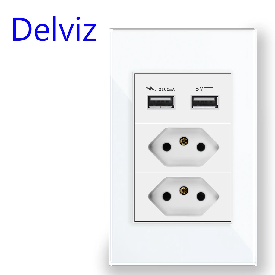 Delviz Brazil Standard Socket, White Tempered Glass Panel, USB socket 2100ma, Size 120mm*72mm, With USB Ports Wall Power Outlet