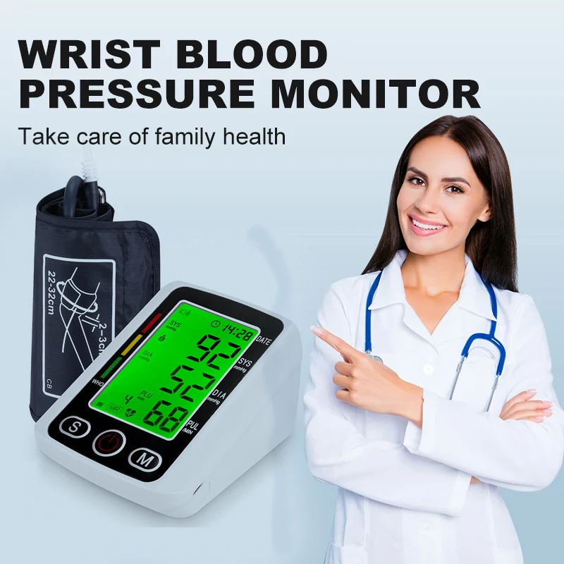 Rechargeable Digital Blood Pressure Monitor with Cuff Arm Sphygmomanometer Heart Rate Pulse Meters Screen Automatic Tonometer