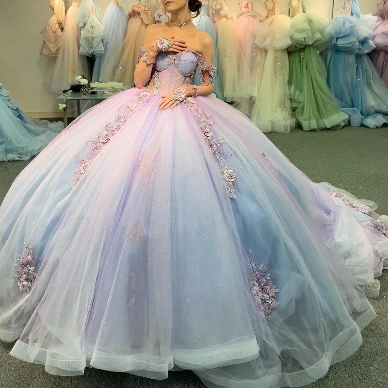 

Sky Blue Lilac 15 Quinceanera Dresses Applique Lace Tull Sweetheart Off The Shoulder Puffy Party Dress Crystal Beading Ball Gown