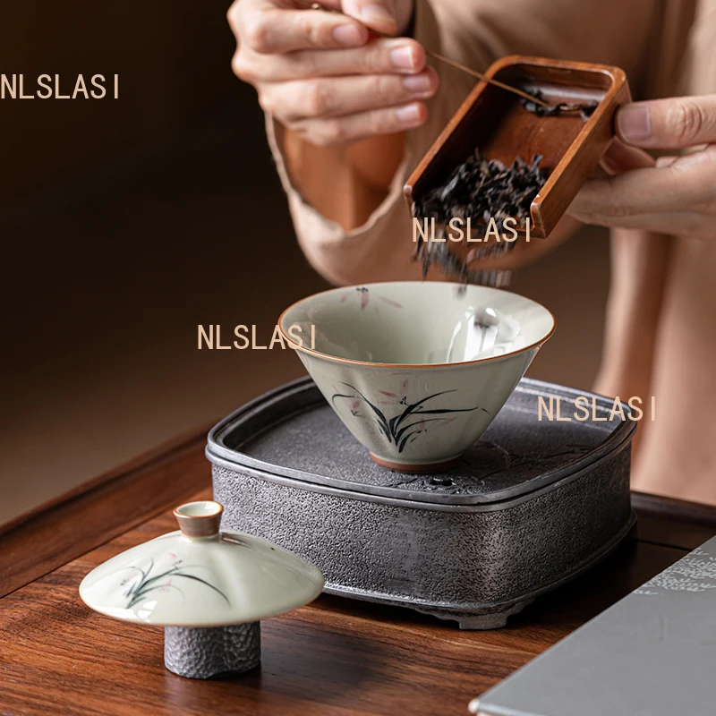 1pcs 120ml Ceramic Tea Lid Bowl Hand Drawn Bamboo Cup Made of Wood Ash Chinese Household Kung Fu Tea Set Drinking Utensils