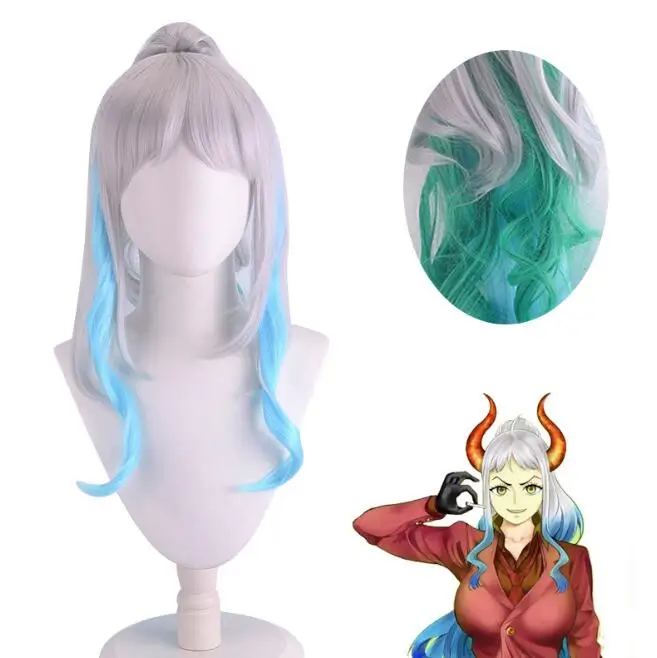 

70cm Anime Yamato Cosplay Wig Long Silver Blue Green Mixed Ponytail Halloween Costume Party Wigs