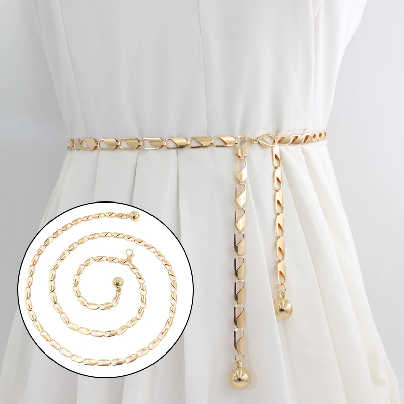 Narrow Waist Chain Belt Metal Hook Adjustable High Waist Gold Silver Belt Tassel Long Chain Waist Belt Dress Skirt Waistbands