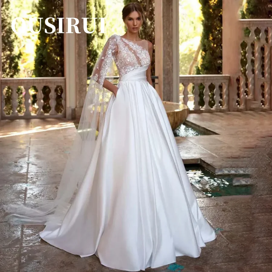 

With Pocket Strap Ribbon Appliques One Shoulder Bohemia A-line Lace Backless Wedding Dress Bridal Gown O-neck Vestido De Novia