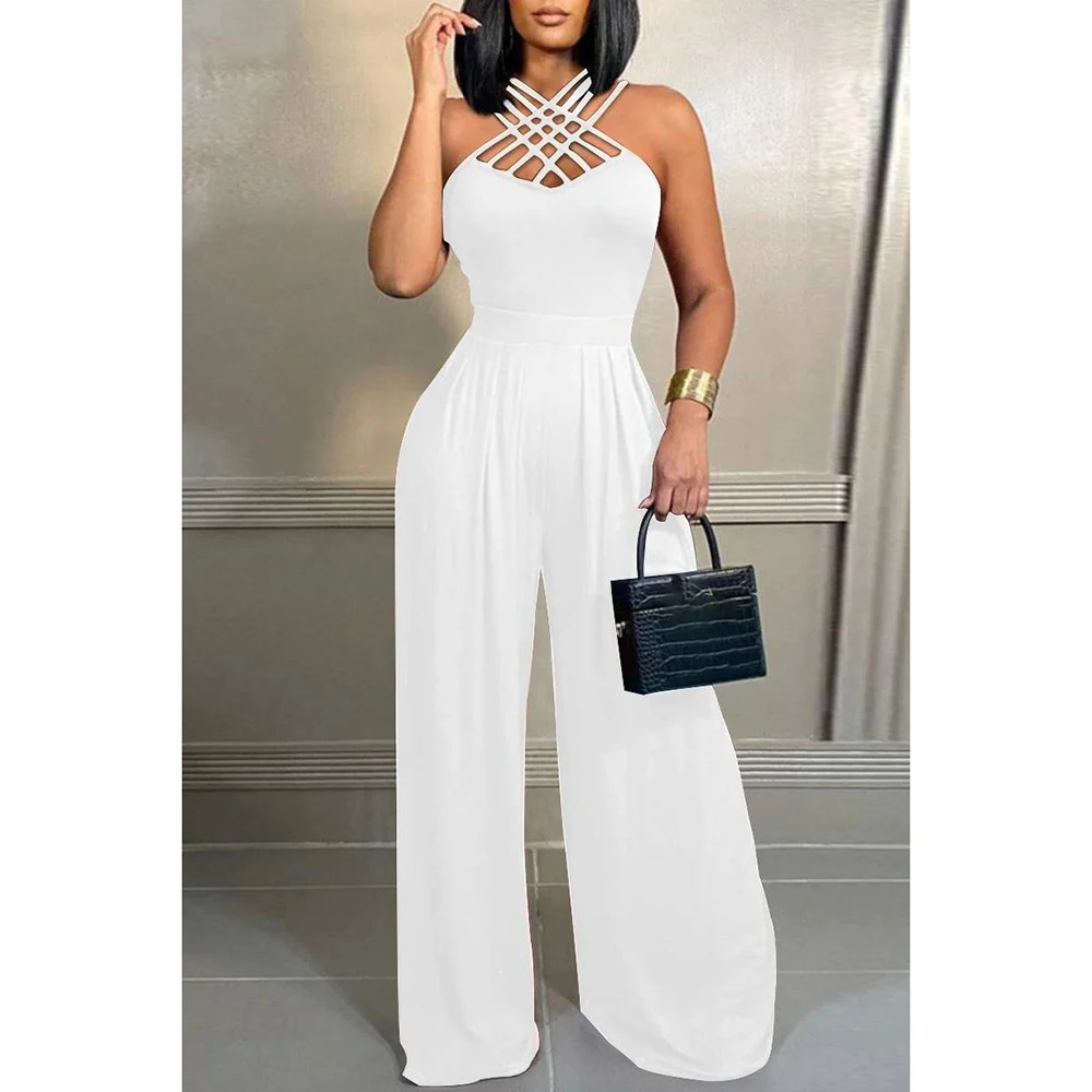 

Plus Size White Daily Hollowed Out V Neck Strappy Sleeveless Regular Jumpsuits