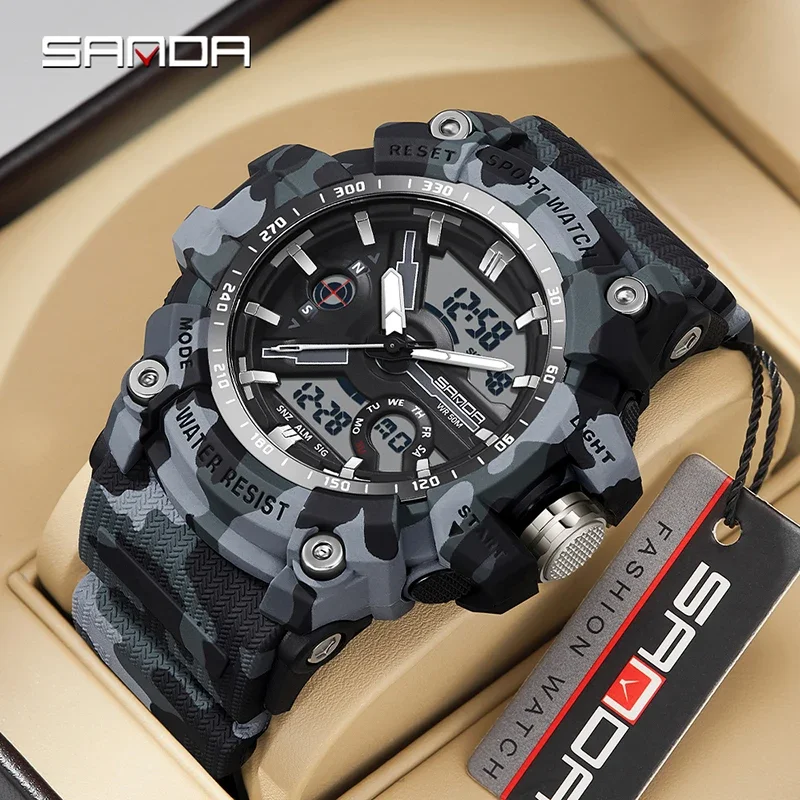 

Sanda 3355 New Electronic Watch Military Style Camo Cool Multi functional Alarm Clock Waterproof Watch