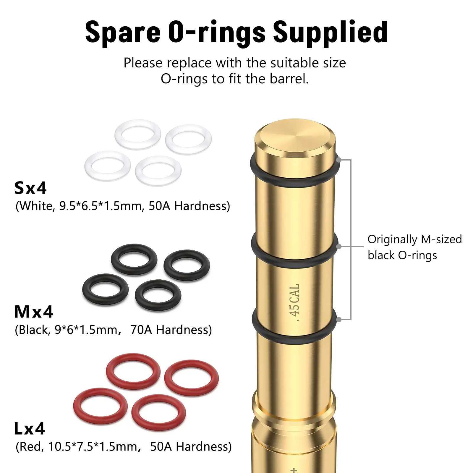 Red Laser Bore Sight For 45Cal End Barrel Brass Boresighter with 4 Sets of Batteries and Spare O-rings 3 sizes, each size of 4pc