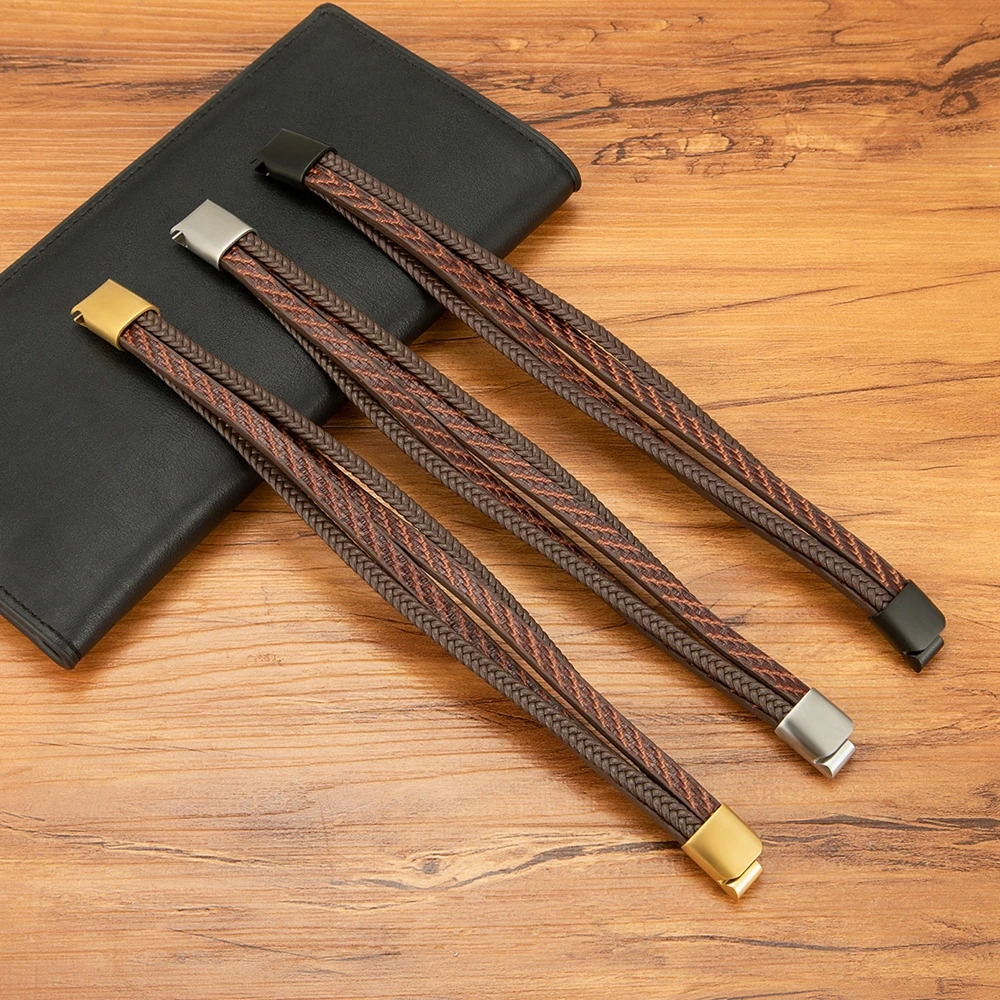 TYO Stylish Feather Pattern Design Multilayer Braid Leather Mens Bracelet Stainless Steel Magnetic Clasp Bangles Jewelry Gift - Image 6