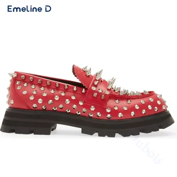 Studded Red Leather Casual Shoes Slip-On Style Big Toe Thick-Soled Leather Shoes Fashionable Personality Large Size Men's Shoes 1