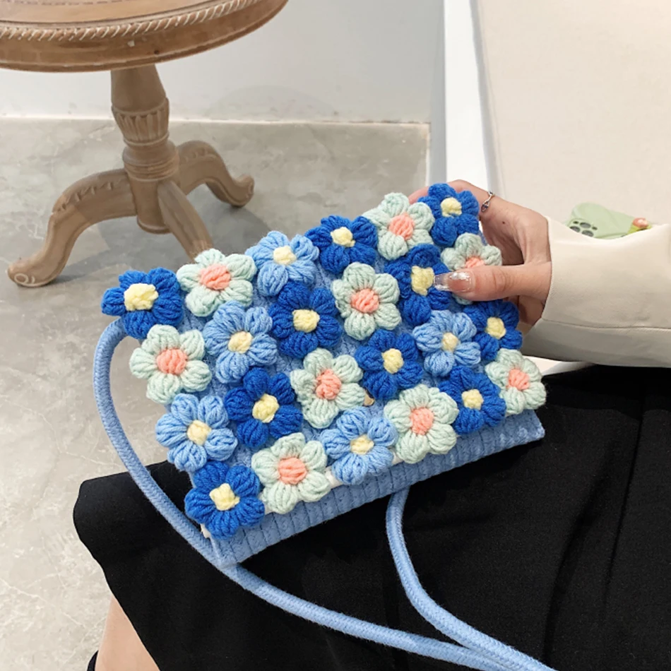 Handmade Cotton Wool Woven Women's Shoulder Crossbody Bag Spring Designer Small Floral Handbag Luxury Cute Round Messenger |
