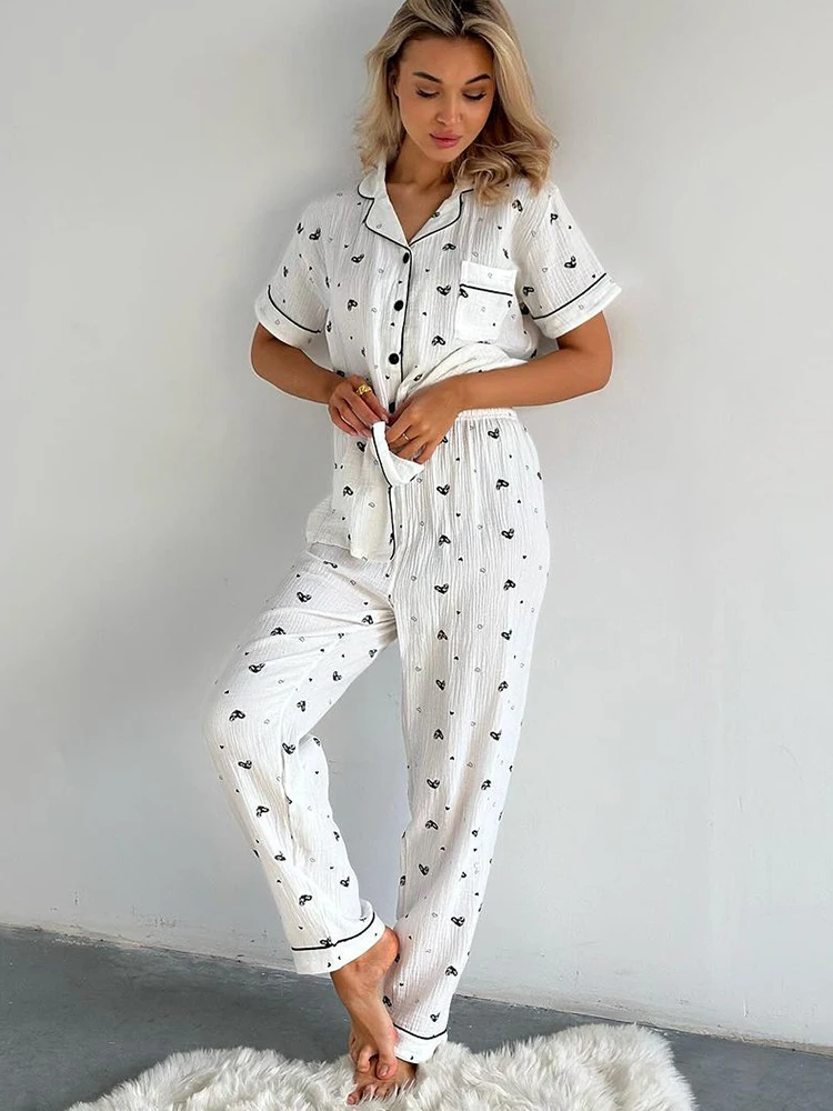 

Hiloc Cotton Pajamas For Women 2 Piece Sets Fashion Short Sleeve Sleepwear Female Casual Trouser Suits Summer Homewear Print