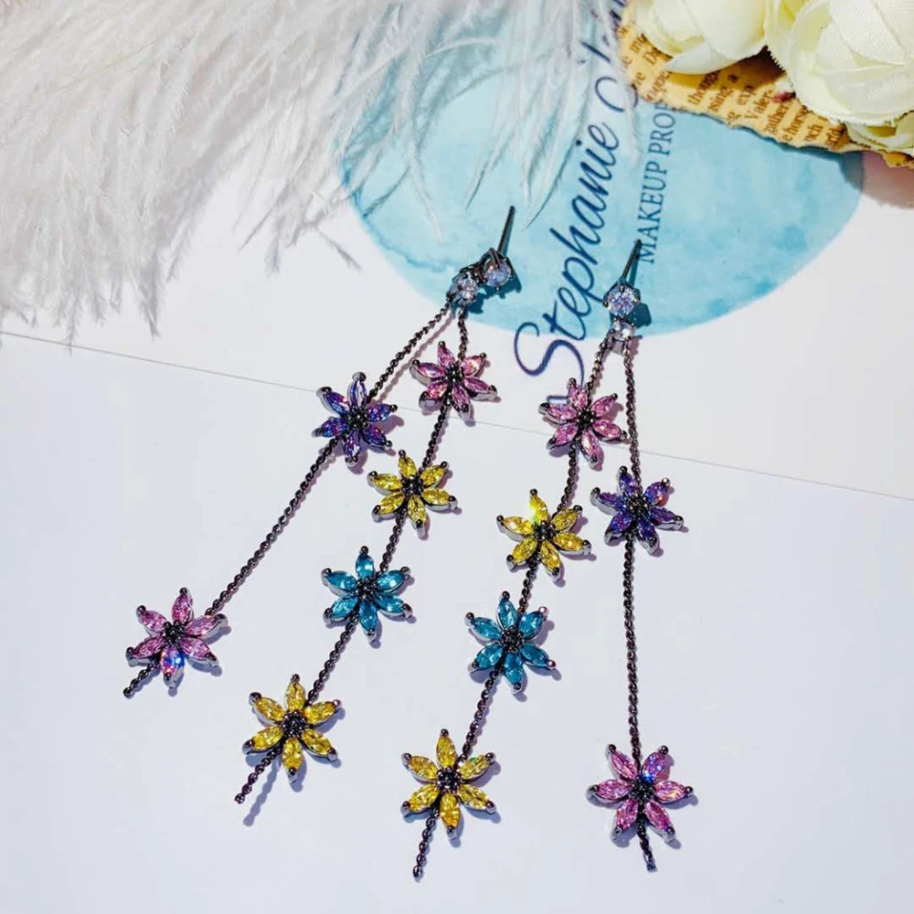 

Fashion Luxury Flower Design Long Drop Drop Earring Black Gun Color AAA CZ Brincos Jewelry Party Gifts Wholesale Price E-946