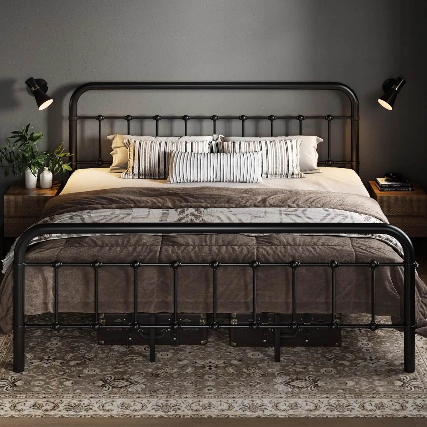 

King Size Metal Platform Bed Frame with Victorian Style Wrought Iron-Art Headboard/Footboard, No Box Spring Required，Black