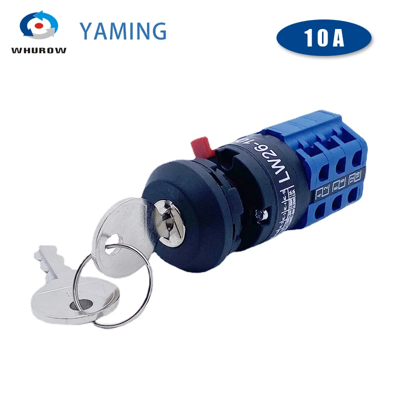 LW26-10/3S Single Hole Mounted 16.5mm Rotary Changeover Cam Switch With Lock Key Dual Power Supply Motor Forward And Reverse