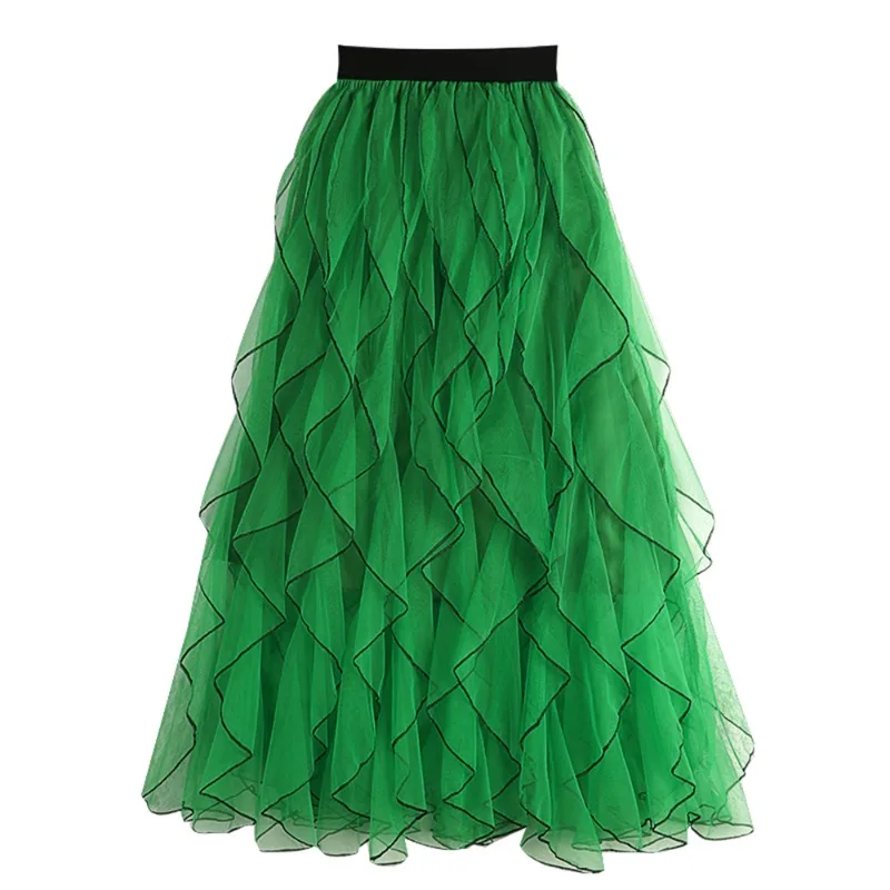 Lotus Leaf Wave Design Autumn New Wavy Pattern Fairy Mesh Ruffle Green Skirt High Waist A-line Swing Long Skirt Women's Skirt