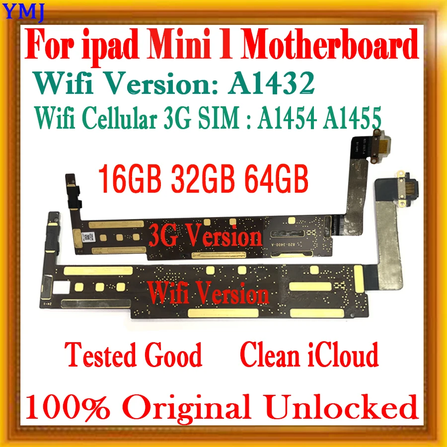 Piastra Sbloccata Per Ipad Mini 1, Scheda Madre Originale, Nessun Account Id Clean Icloud Mainboard, Test A1432, Wifi, A1454, A1455, 3G