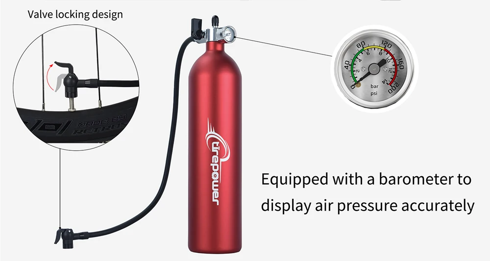 Ctrepower Tubeless-Reifen-Luftflasche mit Manometer & Ventil – Schneller Reifenfüller für MTB- & Rennrad-Vakuumreifen – Detail 4