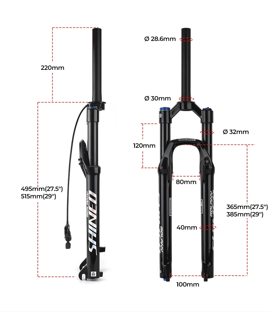 BOLANY Fahrrad-Luftgabel, 26/27,5/29 Zoll, gerades Rohr, Federgabel, Rebound, verstellbar, 9 x 100 mm, Schnellspanner, MTB-Gabel – Detail 3