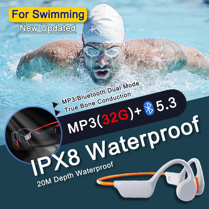 

Новые наушники с костной проводимостью IPX8, водонепроницаемые беспроводные наушники, mp3-плеер, Hi-Fi гарнитура с ушным крючком и памятью 32 ГБ для плавания