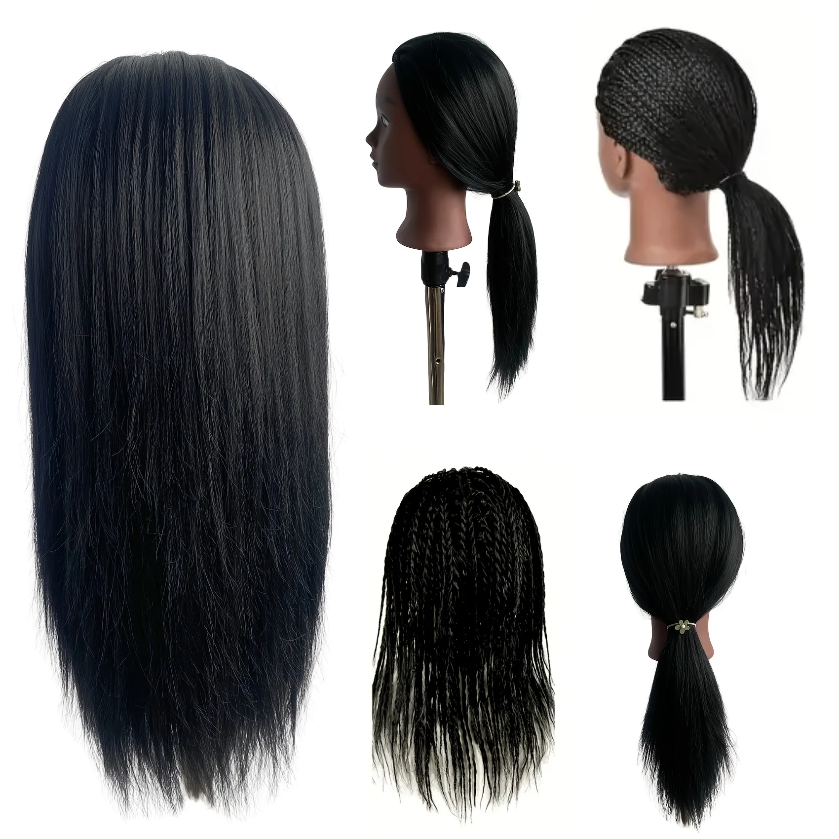 16-Inch Black Mannequin Head with Synthetic Hair for Braiding Practice Mannequin Head with Stand for Hairstyling