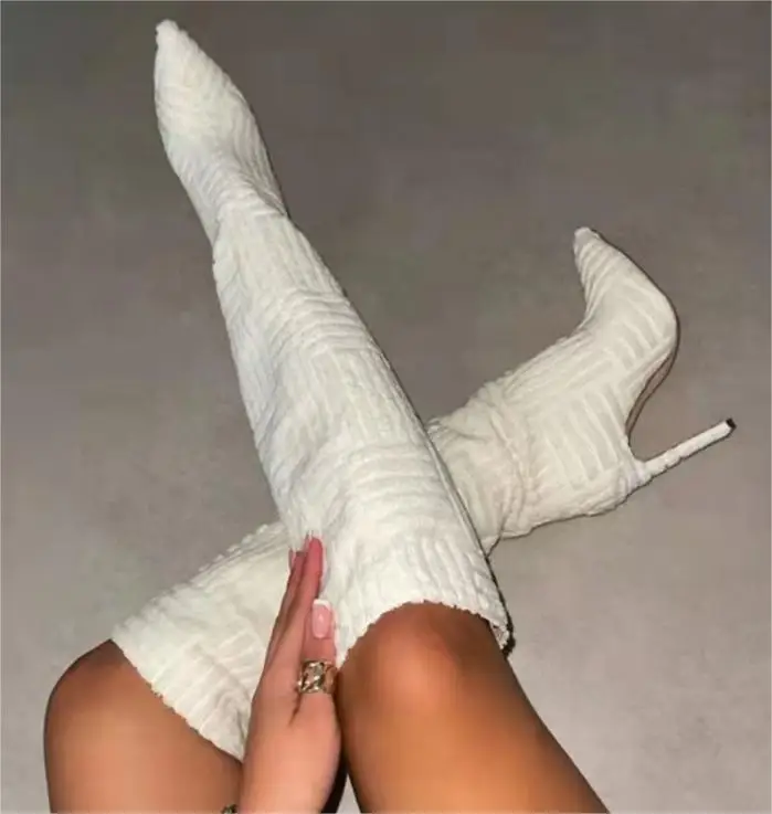 New Plush Towel Women Winter Boots Colorful Thigh High Heels Large size 43 Long Pointy Over The Knee Boots