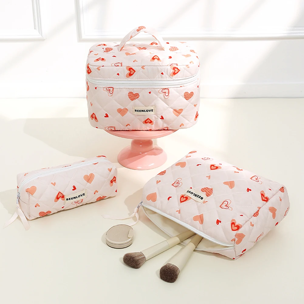 3pcs Aesthetic Cosmetic Organizer Set Quilted Cotton Sweet  Women Makeup Pouch Cherry/Heart Pattern Skincare Clutch Toiletry Bag 4