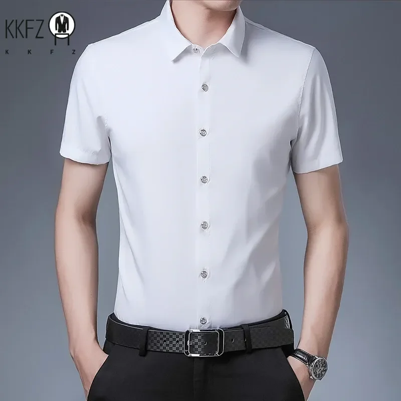 Men's Business Casual Solid Color Short Sleeved Shirt Non Ironing Comfortable Top 5