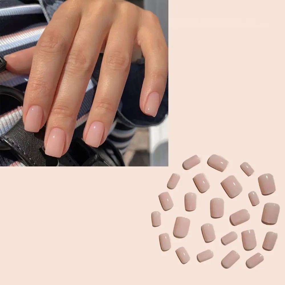 Detachable Solid Color Simple Style False Nail Medium Length Square Shape Nude Pink Fake Nail Full Cover Nail Tips Girl