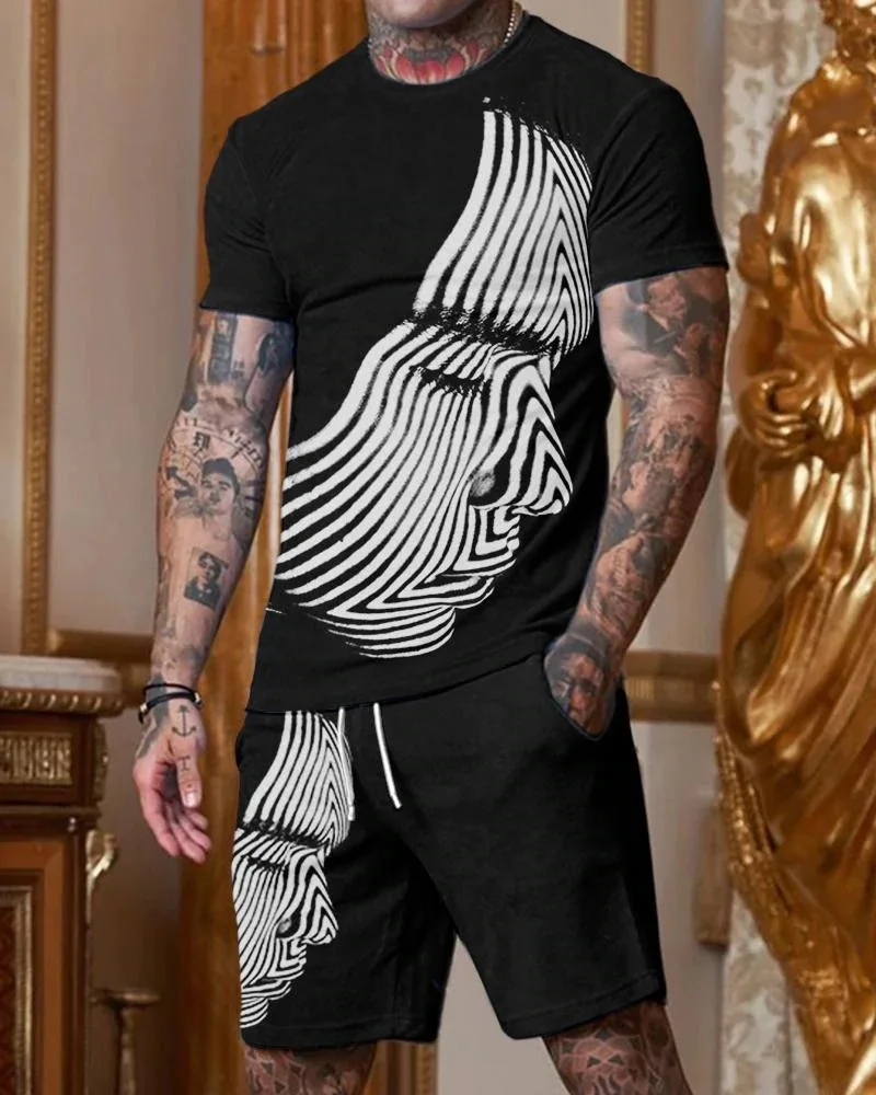 

Men's Summer T-shirt Shorts Set Men's Sportswear Tracksuit Face Oufit Casual Beach O Neck Short Sleeve Men's Clothing Suit