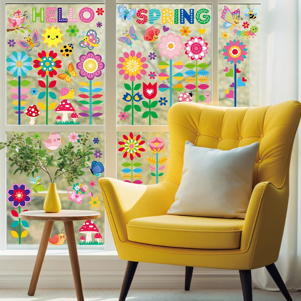 9 Sheets Spring Window Clings Static Stickers Colorful Double-Sided Flower Glass Decals Kids Bedroom Home Decor Supplies