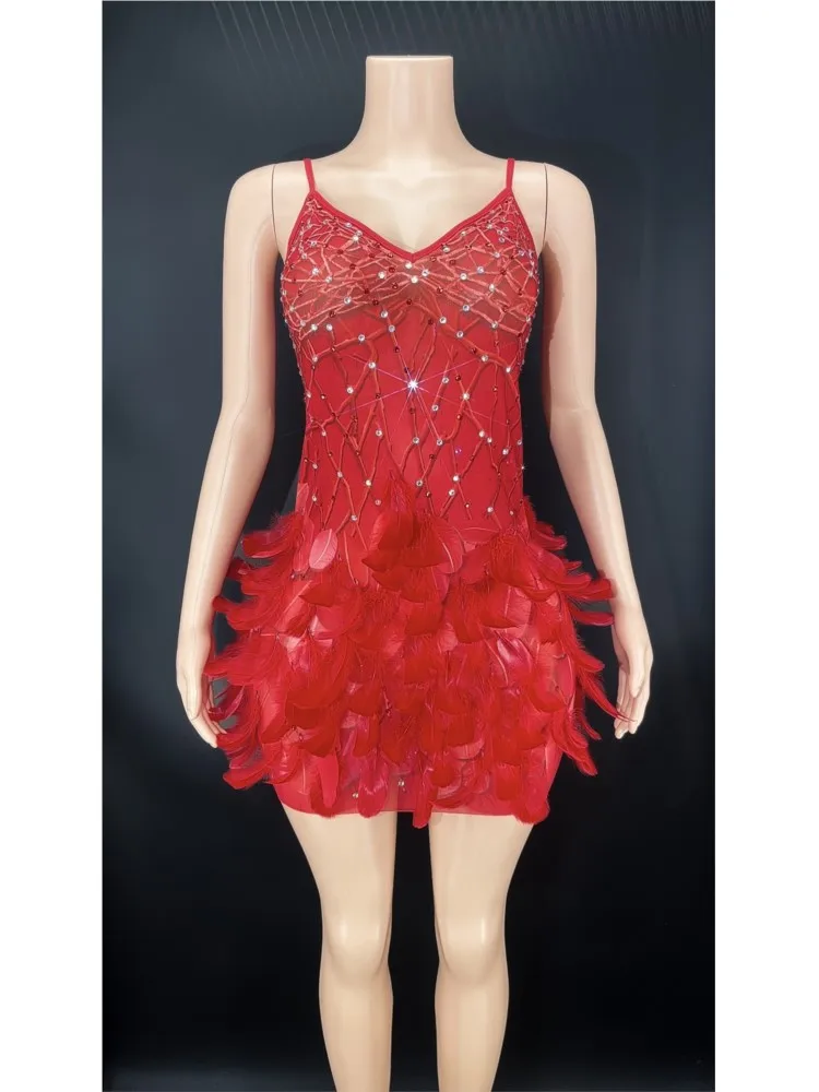 

New Women Summer Feather Dress Rhinestone Long Model Show Costume
