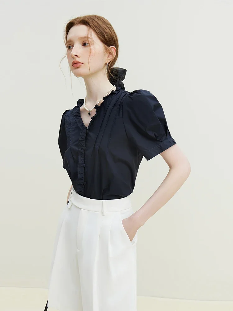 FSLE 100% Cotton Navy Blue Short Sleeve Blouses Wood Ear Design V-neck Tops French Style Simple Commuter Pullover Shirts
