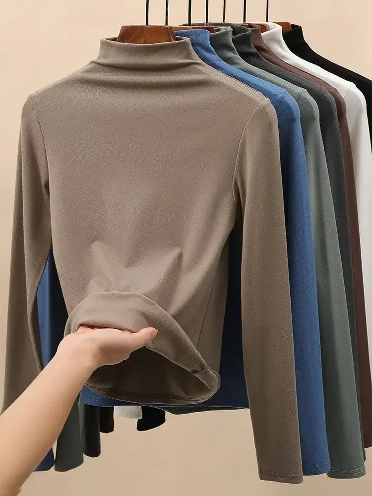 

2023 Velvet Half Turtleneck Bottoming Shirt for Women in Autumn and Winter, Stylish Black Thickened Mid-collar Long-sleeved Top