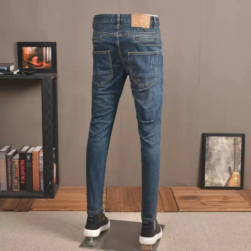 Fashion Streetwear Men Jeans Retro Blue Stretch Slim Fit Spliced Biker Jeans Homme Zipper Designer Elastic Hip Hop Pants Hombre