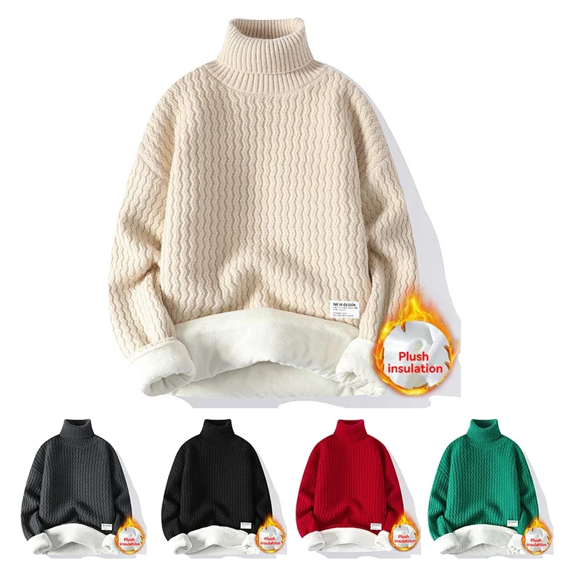 

2023 Winter Fleece Turtleneck Sweater Men Warm Knit Pullovers Mens Casual Knitted Sweaters Solid Color Turtleneck Knitwear Man