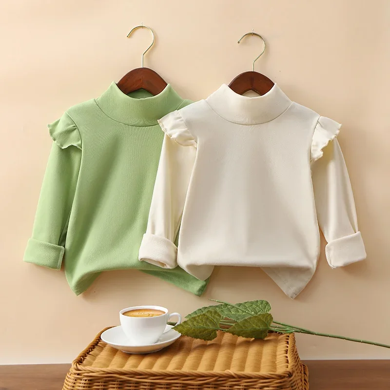 Autumn Winter Corduroy Children Base Shirt Half High Collar Leaf Sleeve Girls Warm Clothes