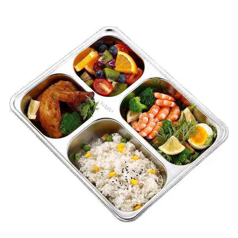 304 Stainless Steel Divided Dinner Plate With Lid Lunch Box Fast Food Tray Container 3/4/5 Section School Home Canteen Tray Dining Dish
