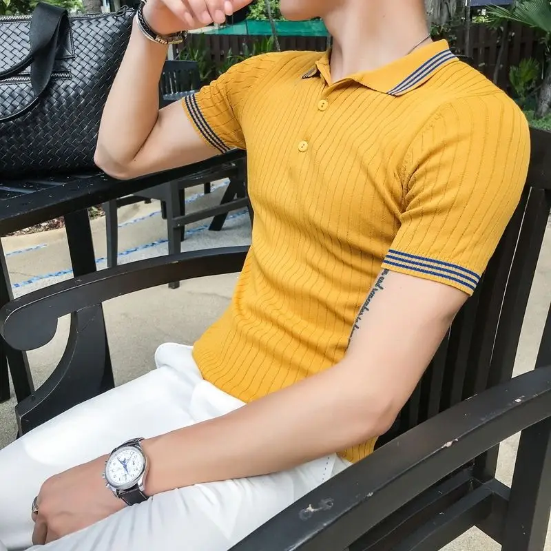 

2022 Summer Fashion Short Sleeve Polo Shirts Men Clothing Ice Silk Slim Fit Casual Knitted Polo Shirt Homme Mens Lapel Tops S75