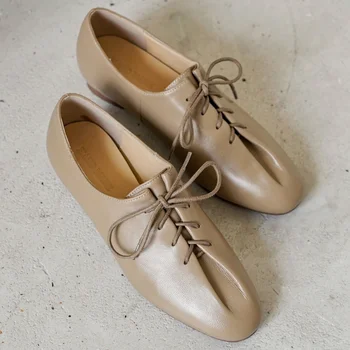 danxuefei 2026 spring new women's sheepskin round toe lace-up pleated flats oxfords high quality soft comfortable casual shoes 1