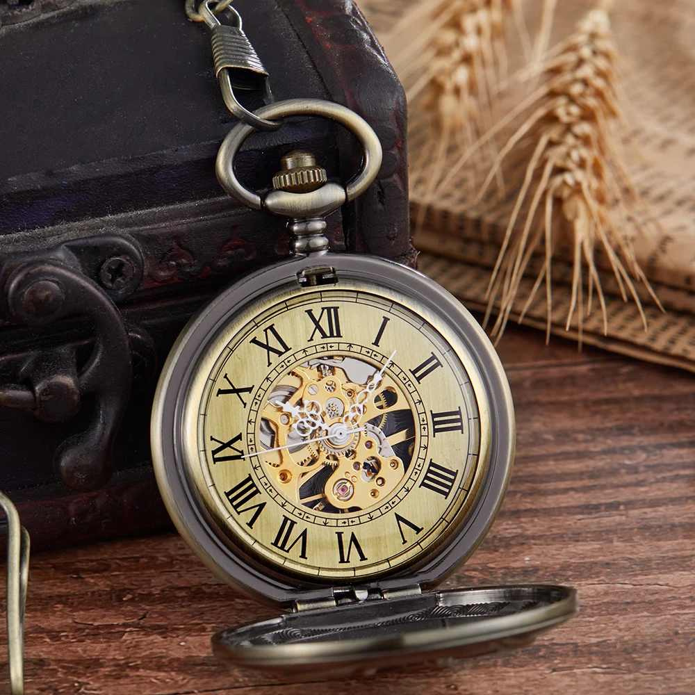 Animal Goat Mechanical Pocket Watch Male Gold Steampunk Skeleton Luxury Engrave Fob Chain Clock for Men reloj de madera Necklace