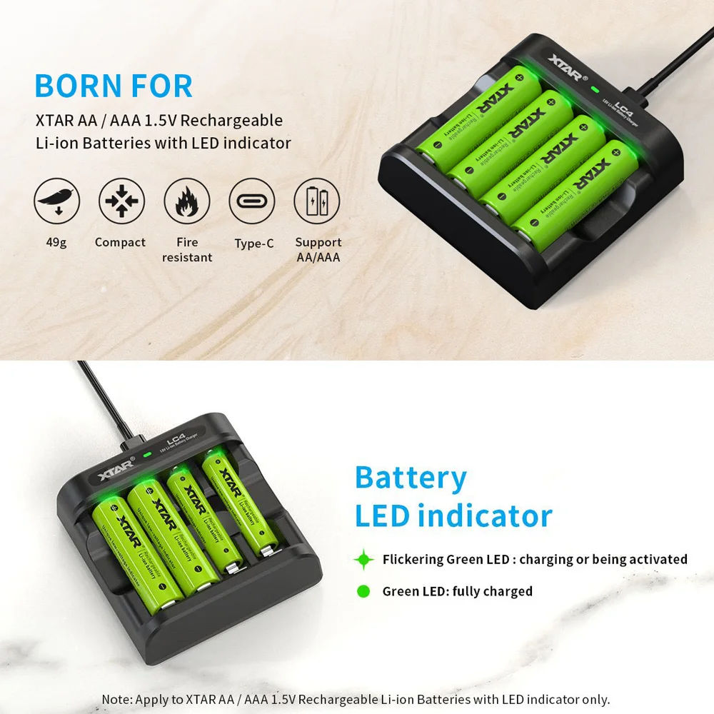 XTAR   LC4 Battery Charger  4Pcs 1.5V AAA Battery 1200mWh Rechargeable Li-ion Battery With LED Indicator or AA 2700mwh Batteries