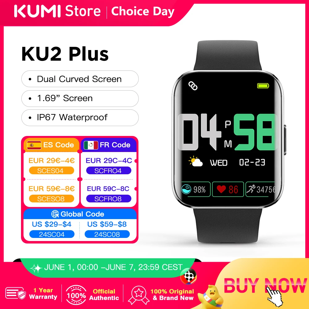 

Смарт-часы KUMI KU2 Plus, 1,69 дюйма, 2,5D, фитнес-монитор сердечного ритма, часы для мужчин и женщин, кислород в крови, IP67, для Android