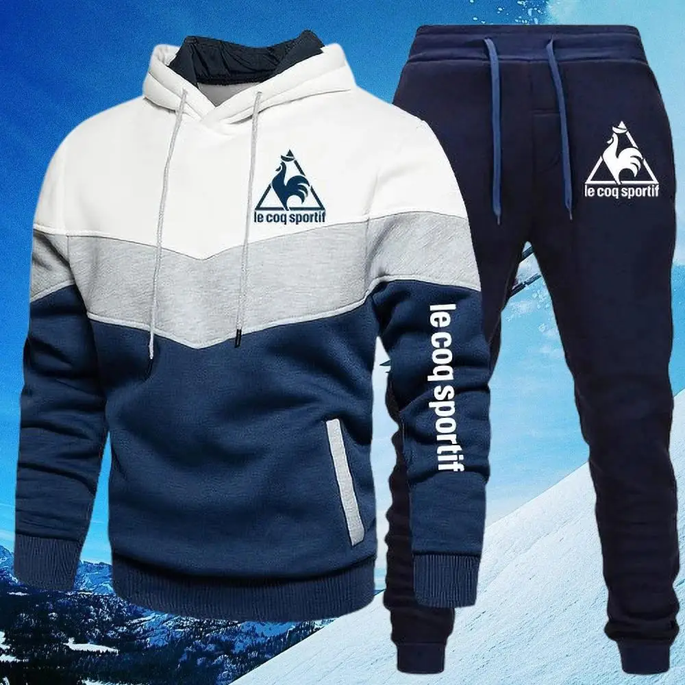 

Men's Winter Tracksuit Sets Windbreak Hoodie Warm Color Block Luxury Sweatshirt+Pants 2 Pcs Sweat Suit Streetwear Brand Clothing