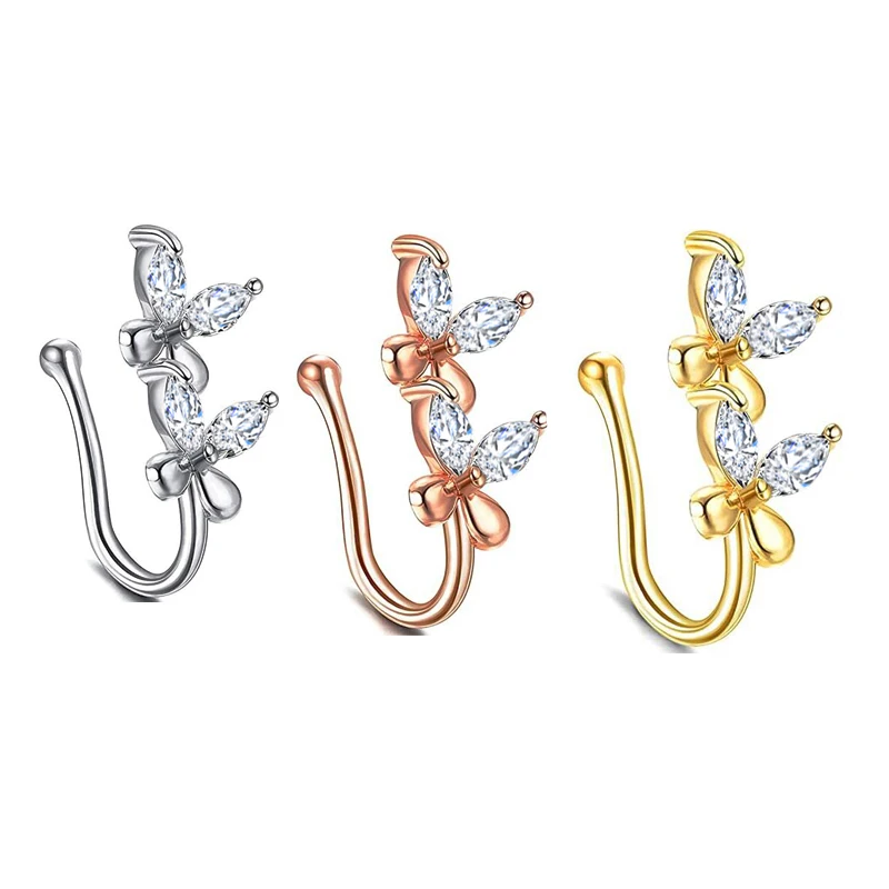 

Fake Nose Rings Hoop for Women Girls Faux Cartilage Tragus Ring Nose Cuff Non Piercing Jewelry butterfly flower 3 color choose