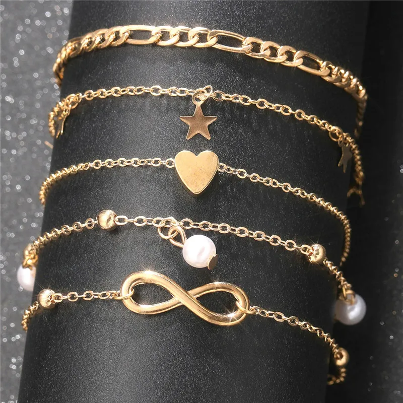 Ankle Chains Bohemia Gold Color Pearl Ankle Bracelet Set For Women Butterfly Heart Star Charm Anklet Chain On Leg Boho Jewelry