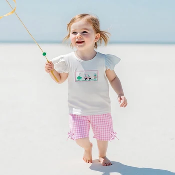 Adorable Infant Girl Tennis Ensemble with Cute Ruffle Sleeve Top and Checkered Shorts Adorned with Bows - 2 Piece Set 1