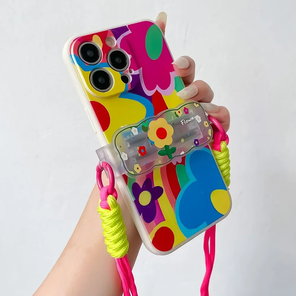 Cute Flower Love Heart Crossbody Phone Case with Back Clip Lanyard and Chain Strap