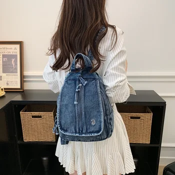 Zaino in Denim alla Moda per Donne, Borsa Scolastica in Jeans, Zaino Casual da Viaggio, Zaino Retrò Lavato, Borsa a Tracolla Leggera per Uso Quotidiano