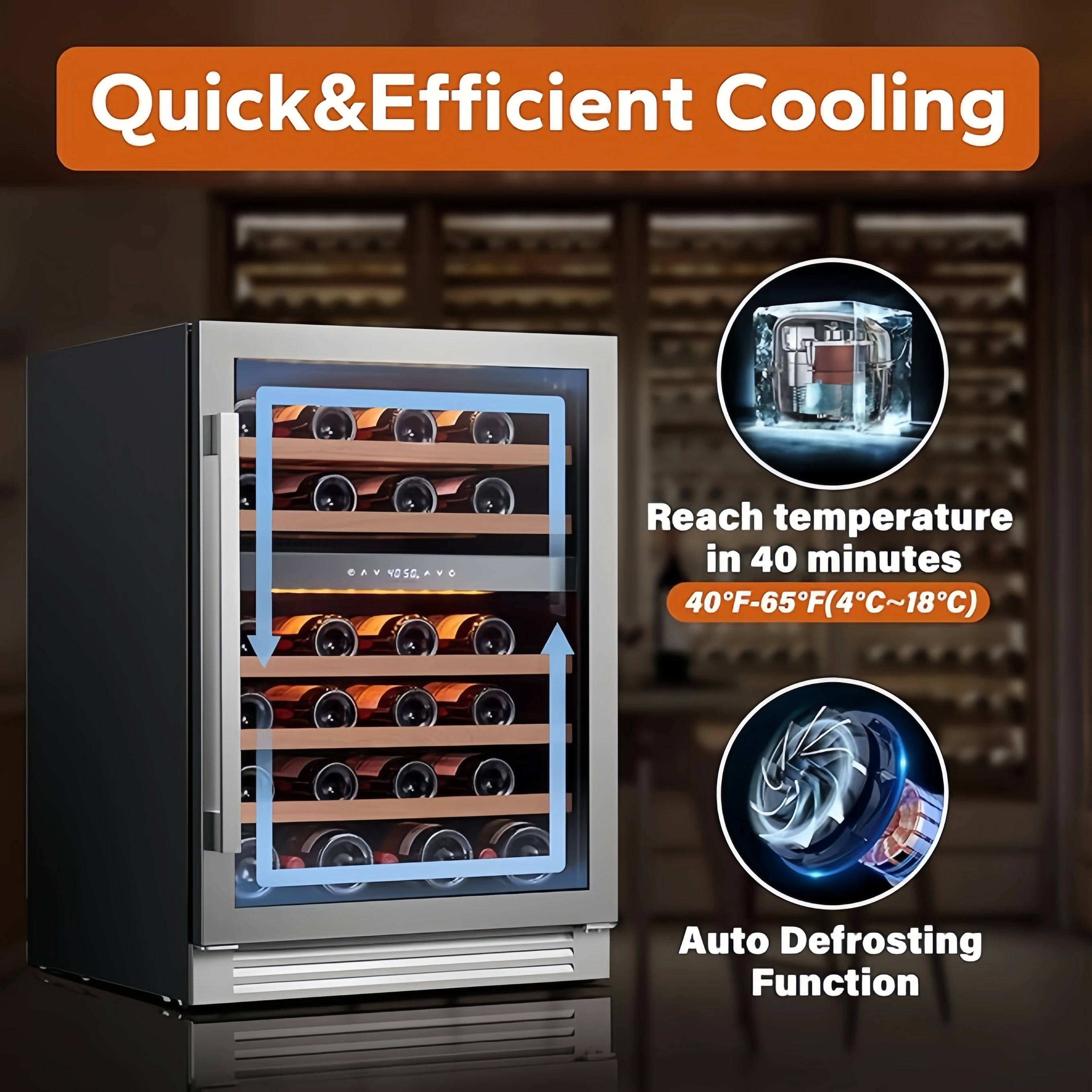 Powerful 46-Bottle Dual Zone Wine Cooler 24-Inch Home Refrigerator With 3 LED Lights & Glass Door Supermarket Application