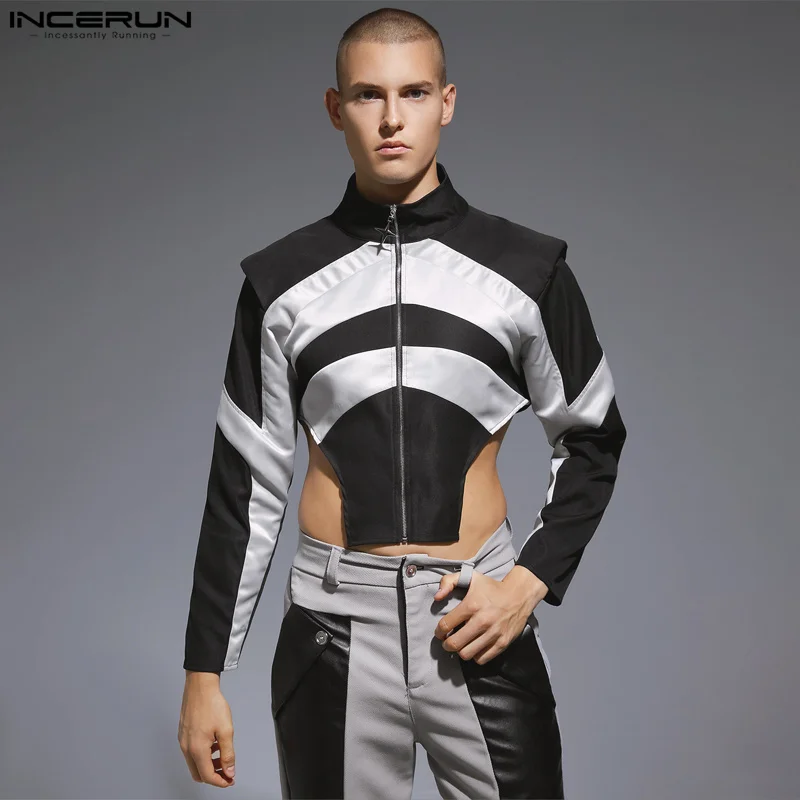 

Handsome Well Fitting Tops INCERUN New Men Patchwork Color Contrast Jackets Party Shows Male Cropped Irregular Hem Jackets S-5XL