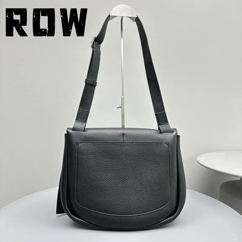 R0W 2023 여성용 블랙 대각선 스트래들 숄더백, 마그네틱 버클 디자인 소가죽 우체부 가방